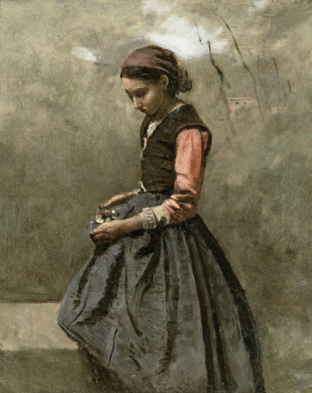 Ein nachdenkliches junges Mädchen von Jean Baptiste Camille Corot