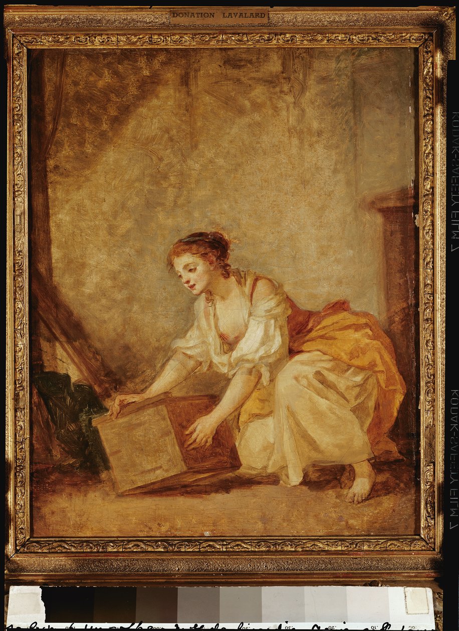 Ein junges Mädchen hebt eine Truhe von Jean Baptiste Greuze