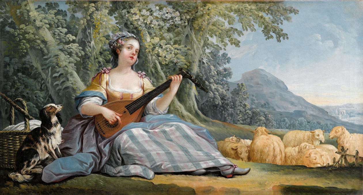 Ein Hirtenmädchen, das Mandoline spielt von Jean Baptiste Huet