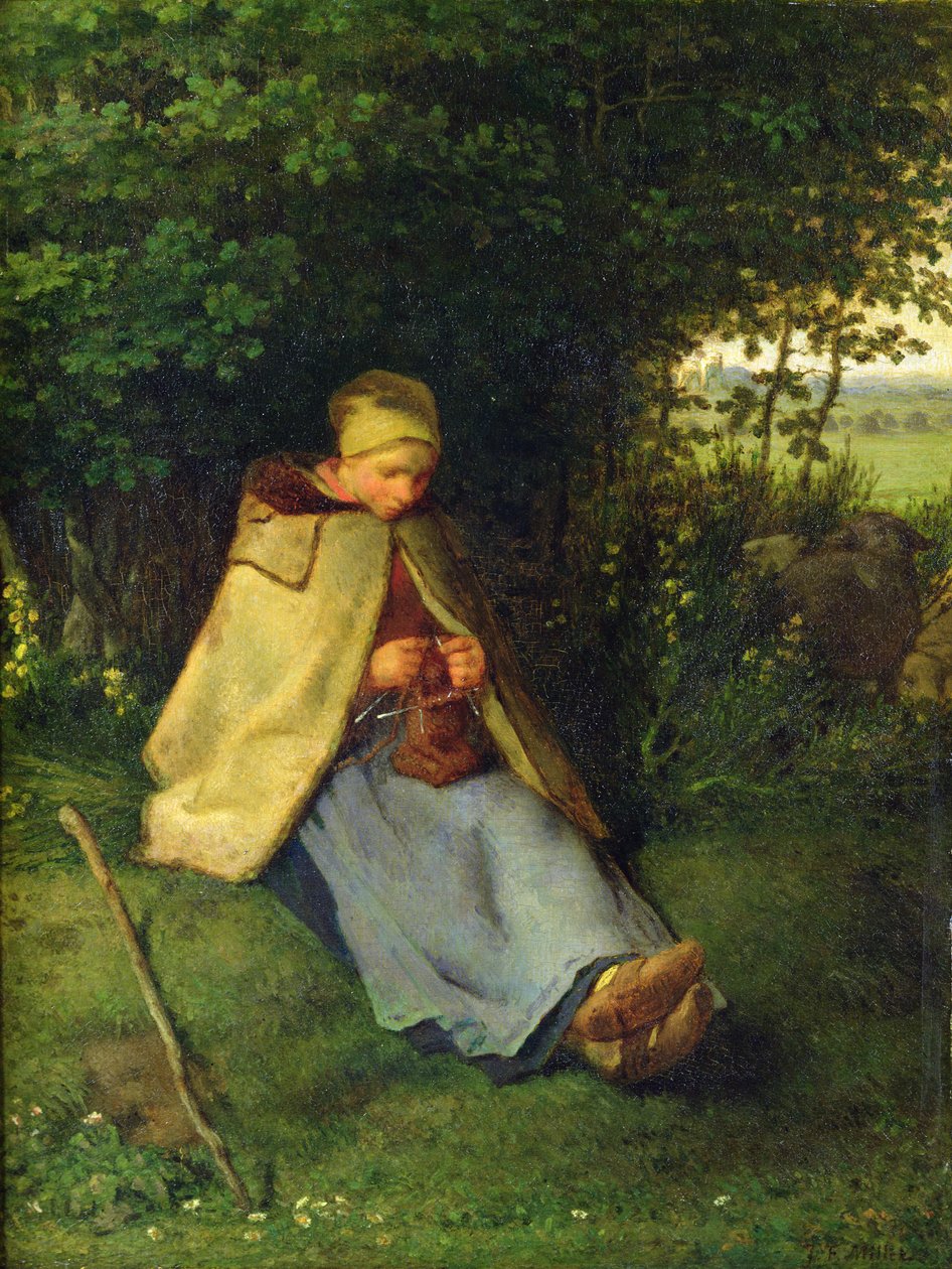 Eine Strickerin oder eine sitzende Schäferin beim Stricken, 1858-60 von Jean Francois Millet