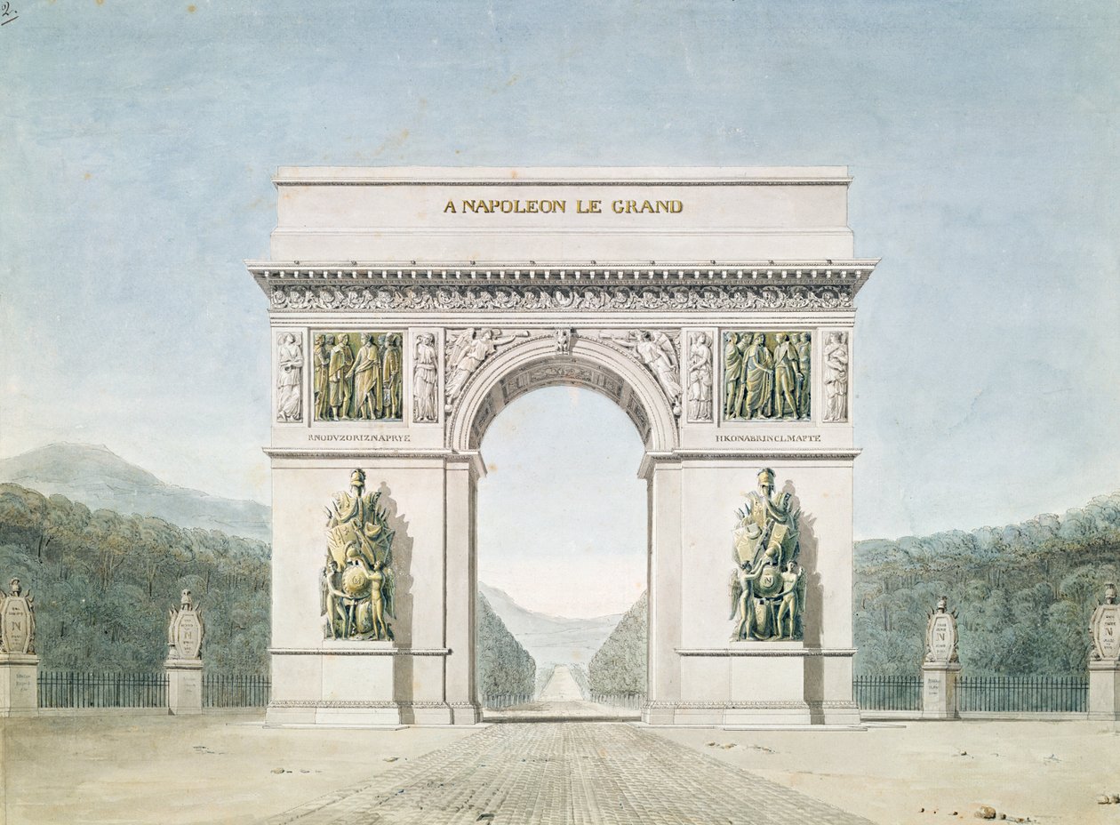 Entwurf für den Arc de Triomphe mit bewaldetem Hintergrund von Jean Francois Therese Chalgrin
