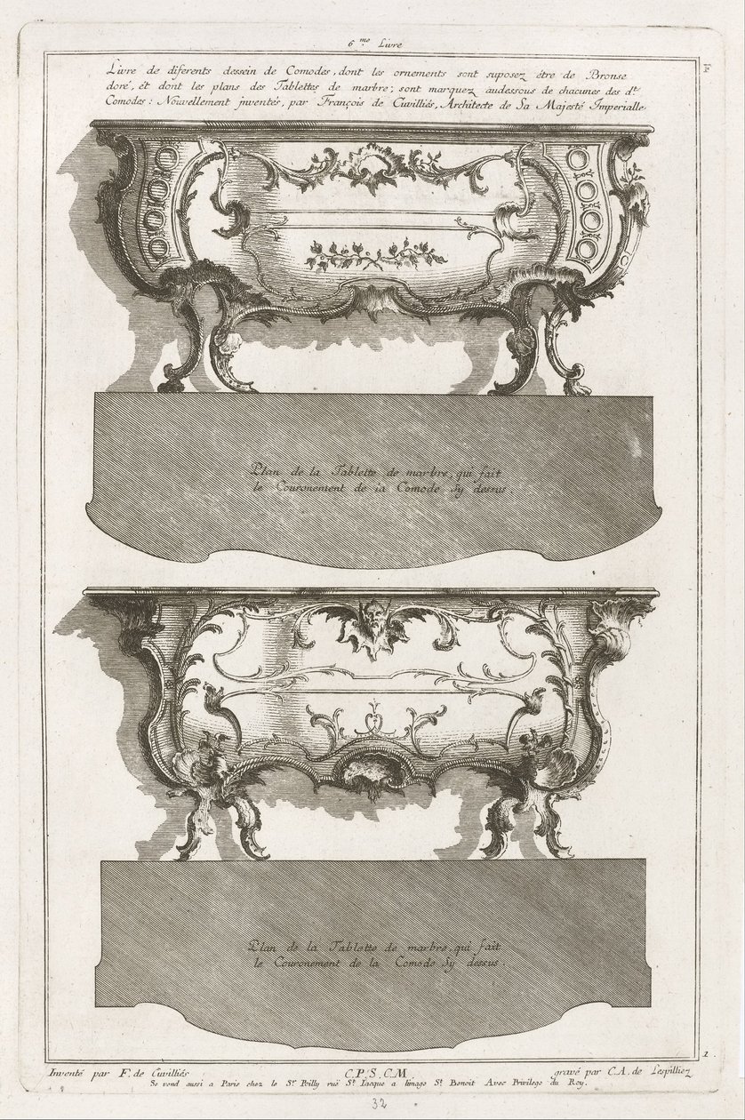 Deux différents desseins de Comodes von Jean François Cuvilliés