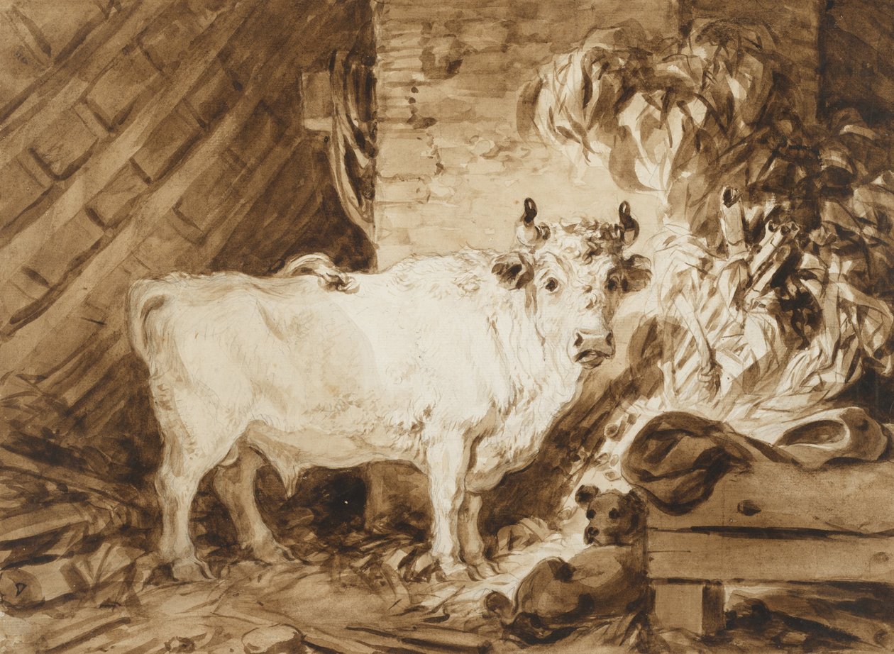 Weißer Stier und ein Hund in einem Stall von Jean Honore Fragonard