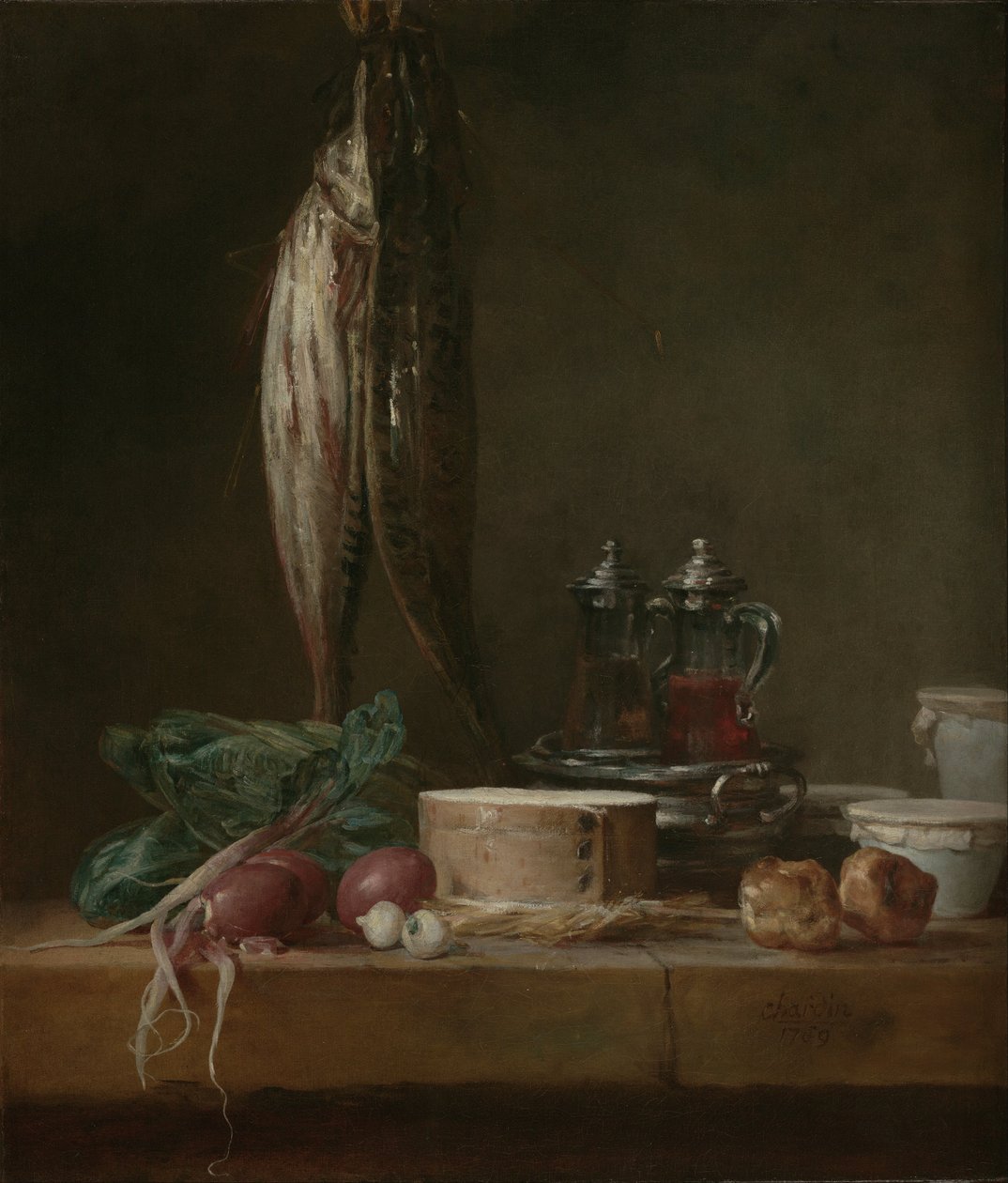 Stillleben mit Fisch, Gemüse, Gougères, Töpfen und Karaffen auf einem Tisch von Jean Baptiste Simeon Chardin