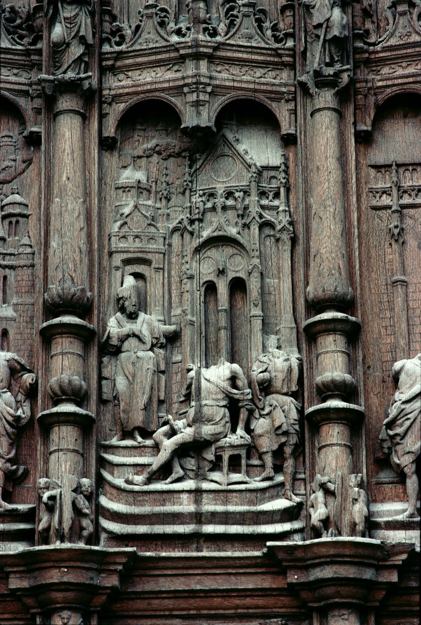St. Peter heilt den Lahmen, Detail vom Südquerhausportal, 16. Jahrhundert von Jean le Pot