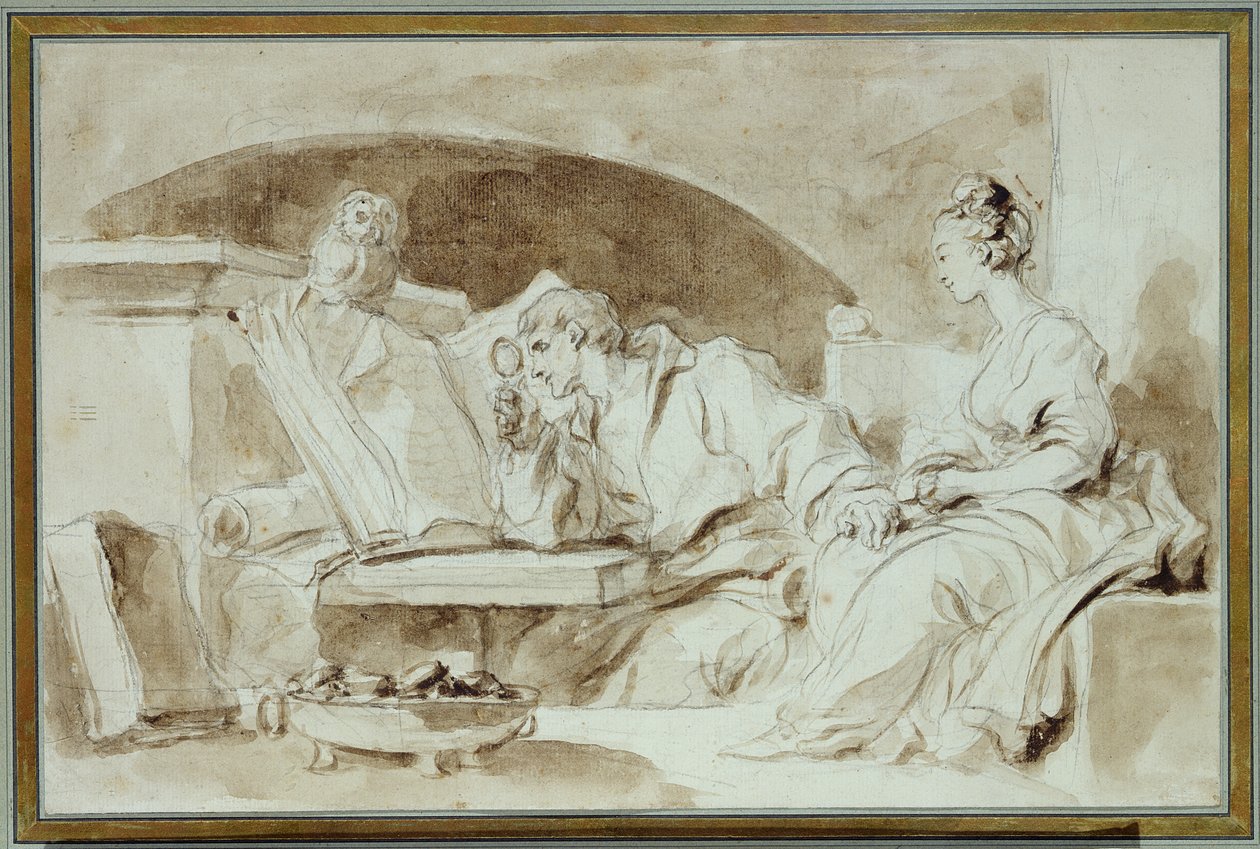 Junge Frau konsultiert einen Nekromanten (Sepia-Waschung auf Papier) von Jean Honore Fragonard