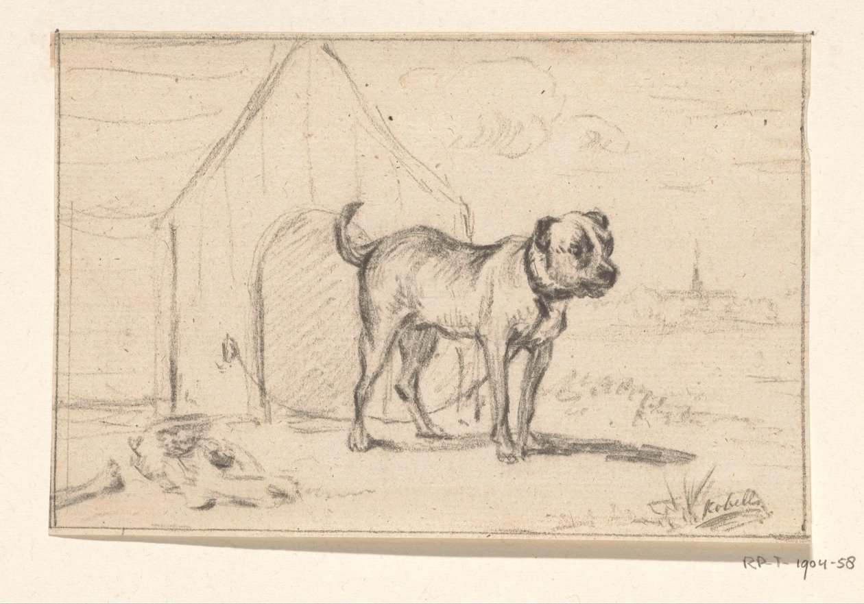 Angeleinter Hund, vor seiner Hütte stehend von Jean Bernard