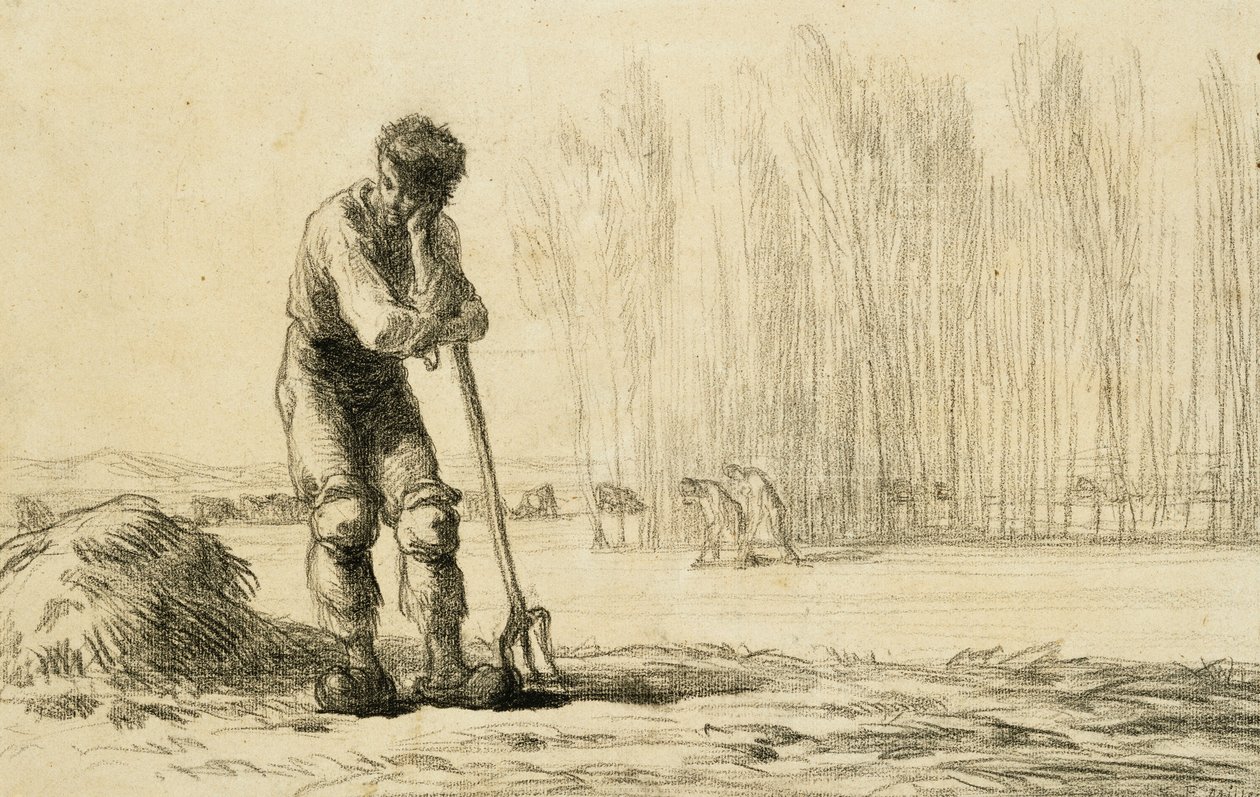 Bauer, der sich auf eine Heugabel stützt von Jean Francois Millet