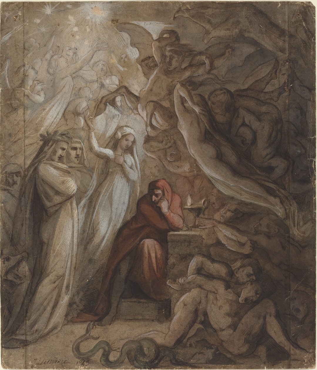 Dante, der über die "Göttliche Komödie" nachdenkt von Jean Jacques Feuchere