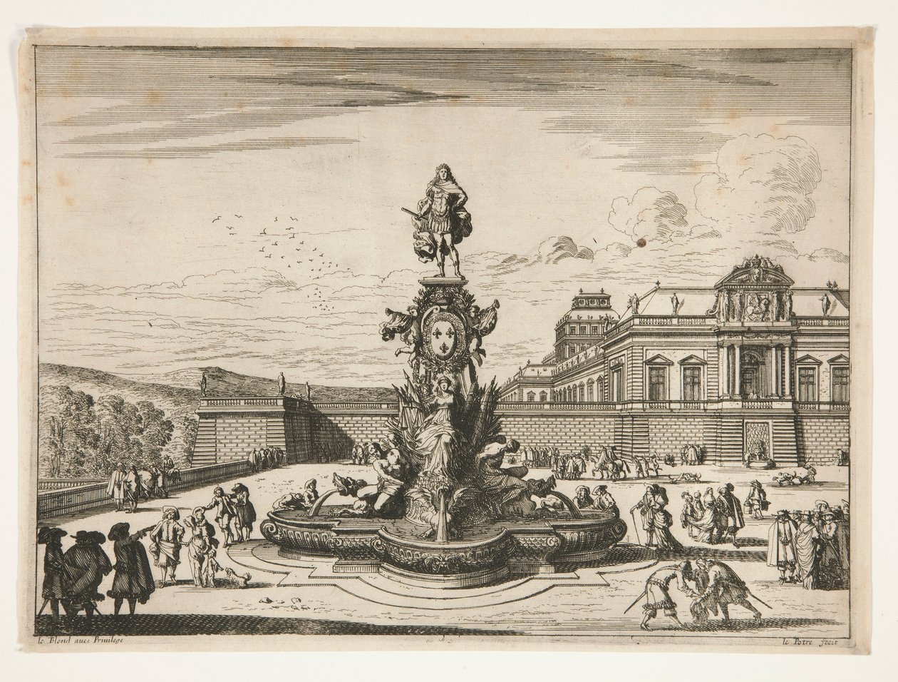 Brunnen, mit Palast im rechten Hintergrund von Jean le Pautre