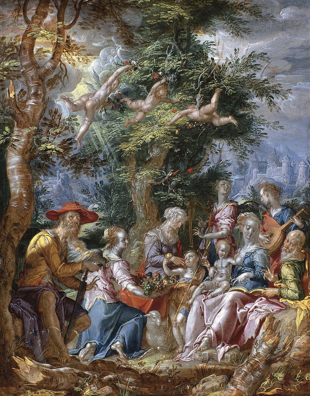 Die Heilige Familie mit Heiligen und Engeln von Joachim Wtewael or Utewael