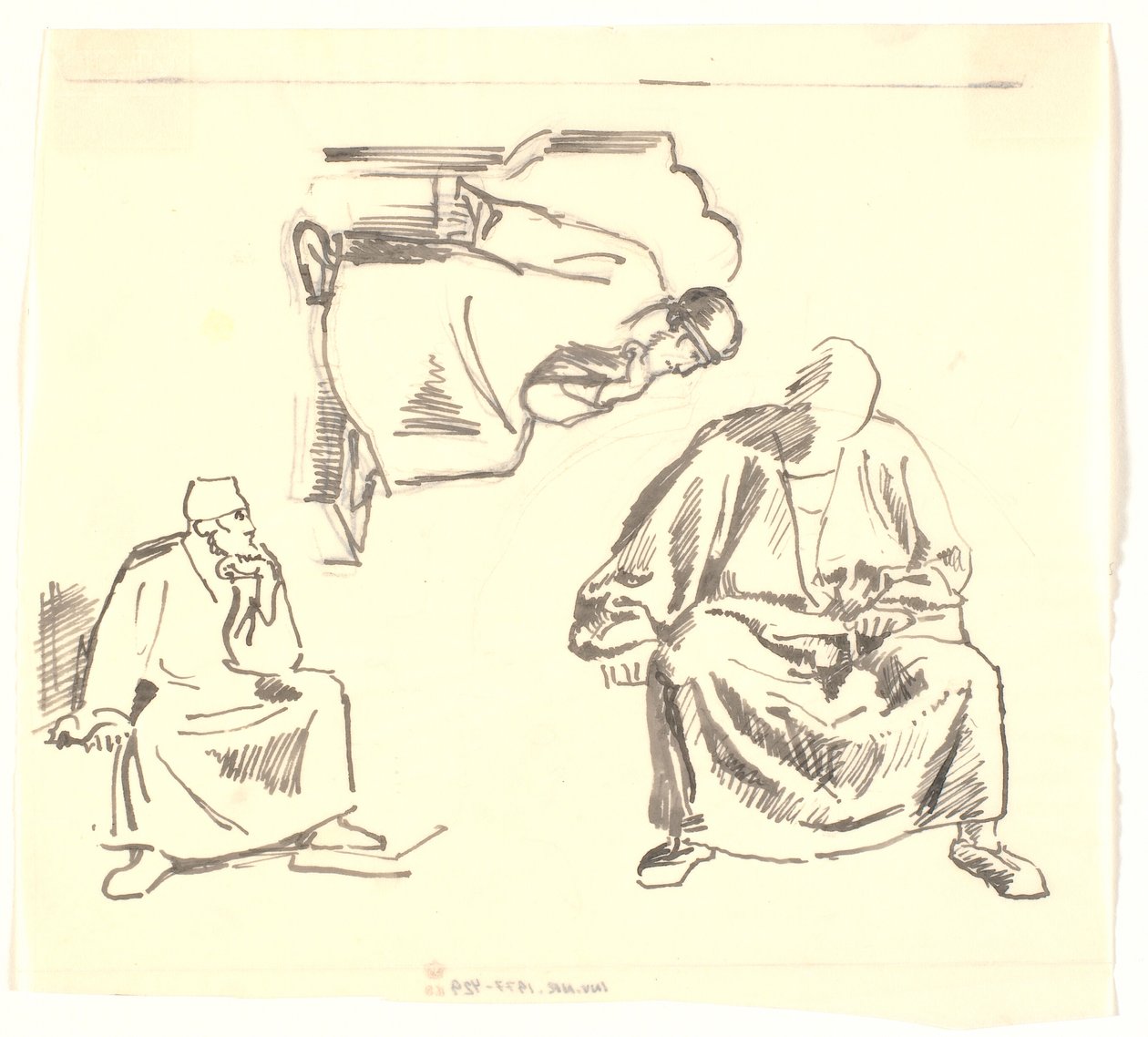 Drei Studien eines sitzenden, bärtigen Mannes. Saul von Joakim Frederik Skovgaard