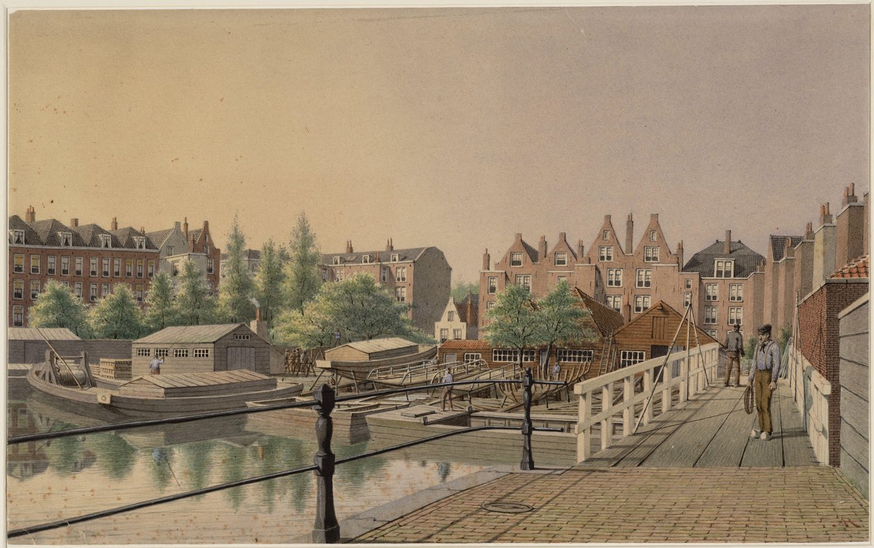 Die städtische Schiffsbaustelle in westlicher Richtung zu den Hinterhäusern an der Amstel von Johan Rieke
