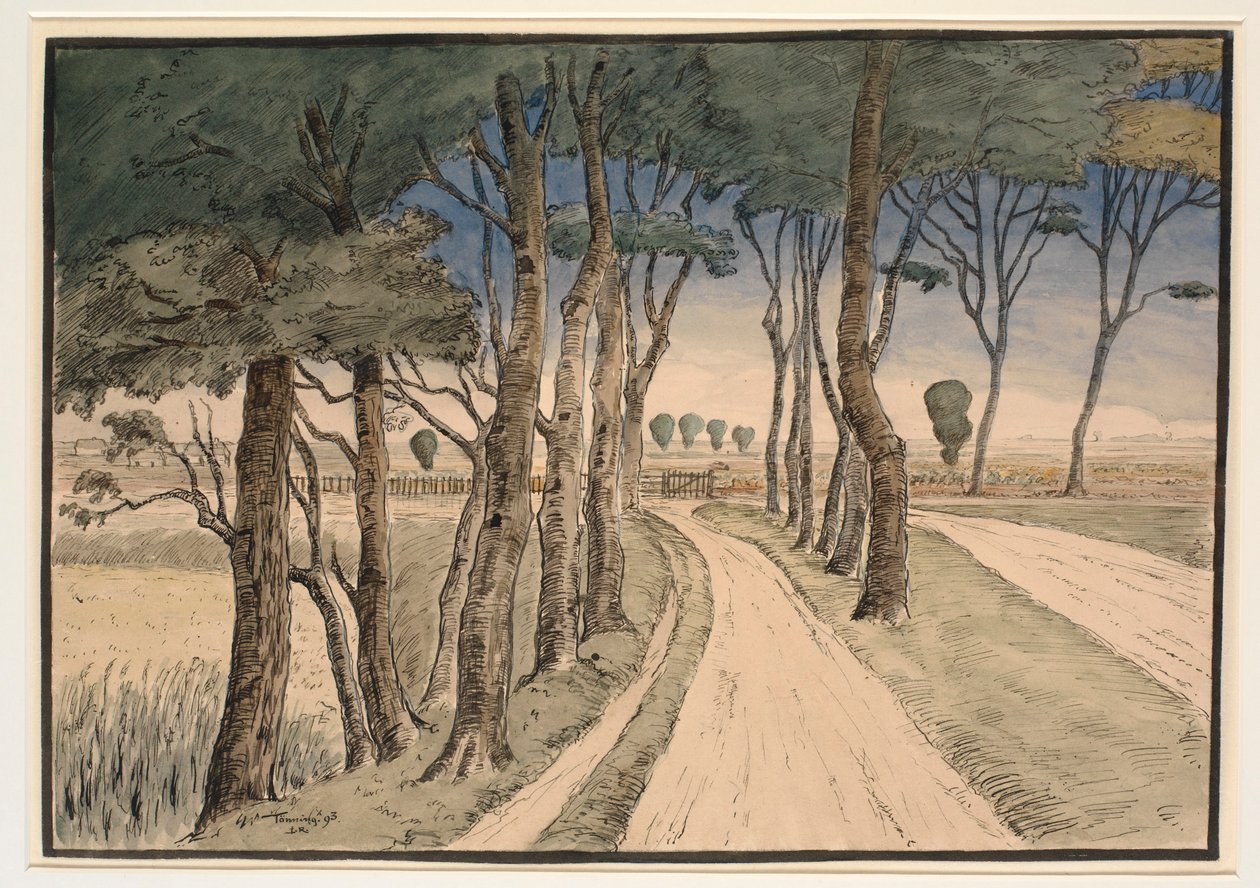 Marklandschaft. Im Vordergrund ein Weg mit Bäumen von Johan Rohde