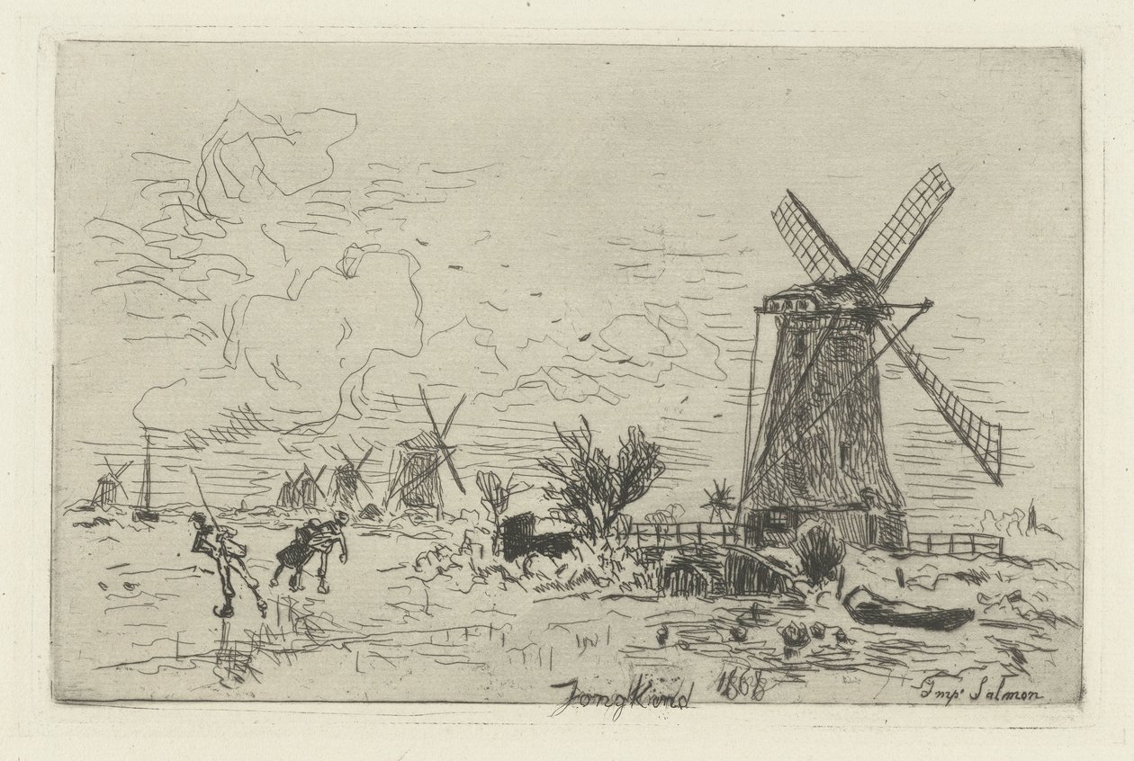 Landschaft mit Mühlen und Schlittschuhläufern von Johan Barthold Jongkind