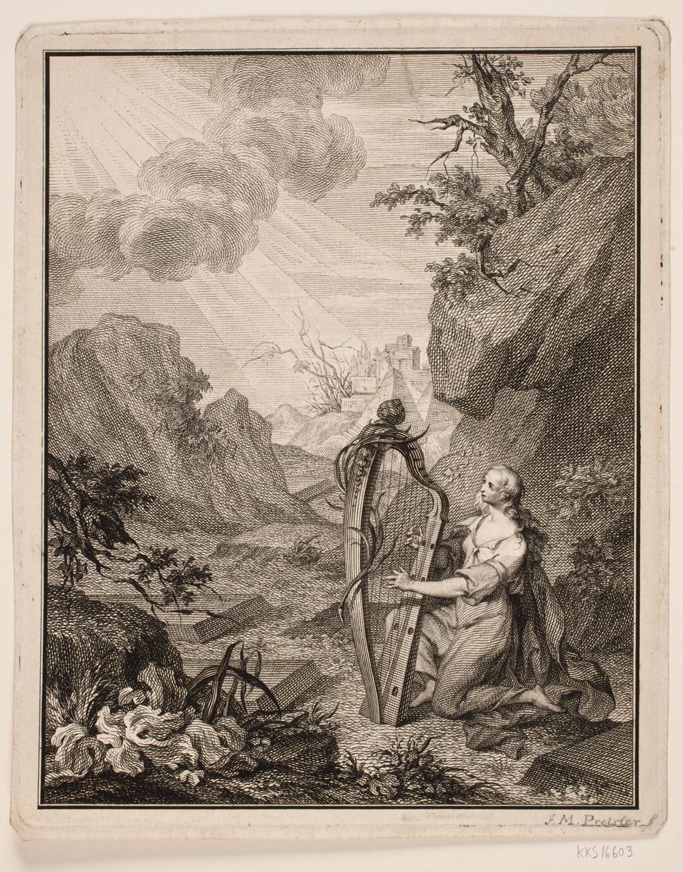 Harfe spielende Frau in Berglandschaft von Johan Martin Preisler
