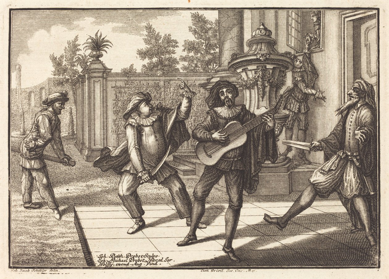 Scaramouche lenkt Pantalon ab von Johann Balthasar Probst after Johann Jacob Schübler