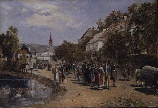 Prozession in einer Dorfstraße in Österreich von Johann Hamza