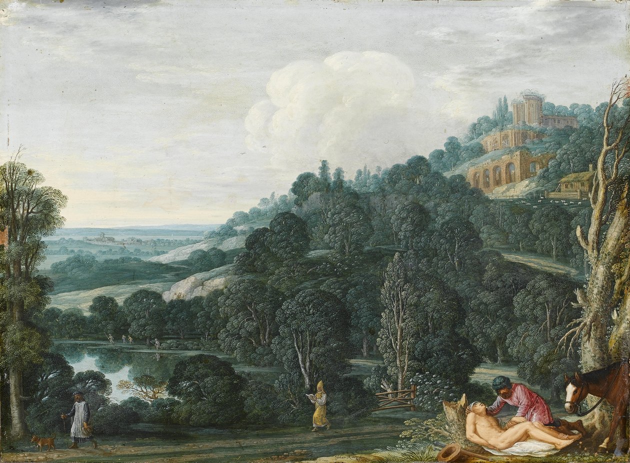 Eine weite Landschaft mit dem barmherzigen Samariter von Johann König