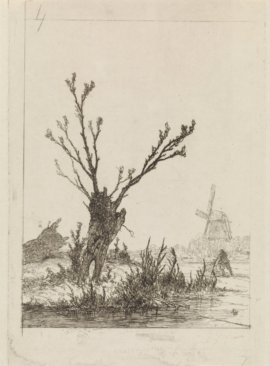Schlittschuhläufer mit Schlitten bei einer Kopfweide von Johannes Franciscus Hoppenbrouwers