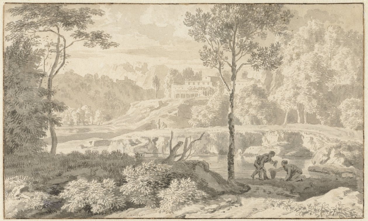 Arkadische Landschaft mit Figuren an einem See von Johannes Glauber