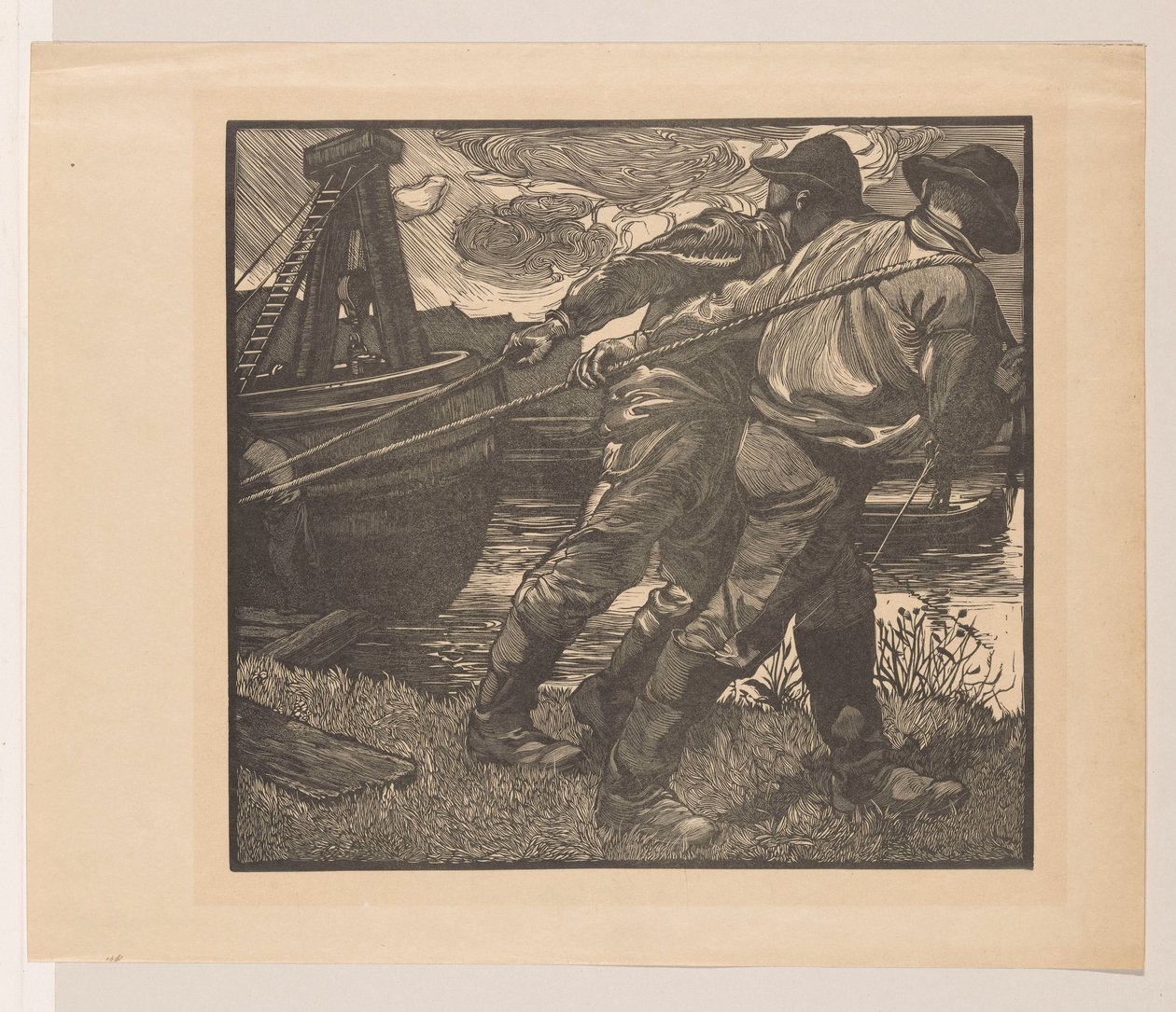 Arbeiter mit Seilen am Ufer von Johannes Josephus Aarts