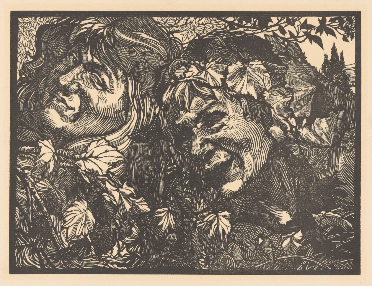 Zwei Bacchantinnen umgeben von Weinblättern von Johannes Josephus Aarts