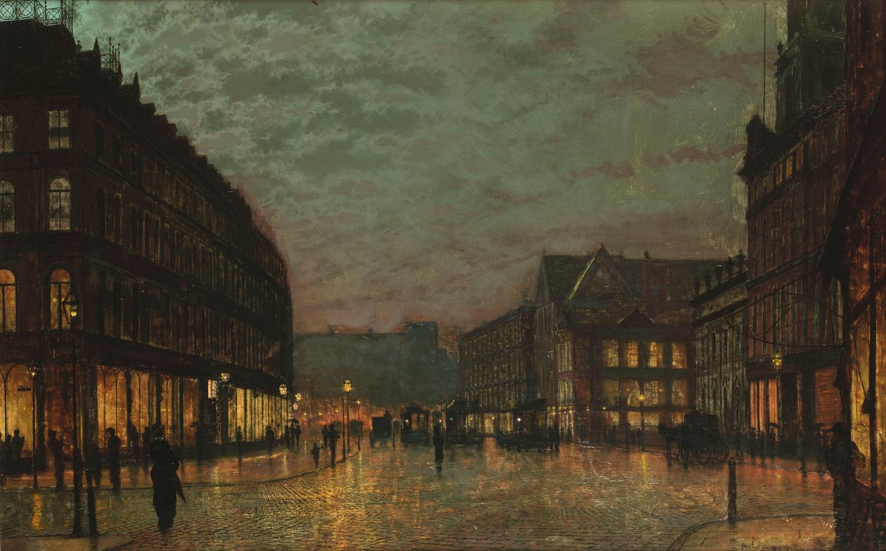 Boar Lane, Leeds, bei Lampenlicht von John Atkinson Grimshaw