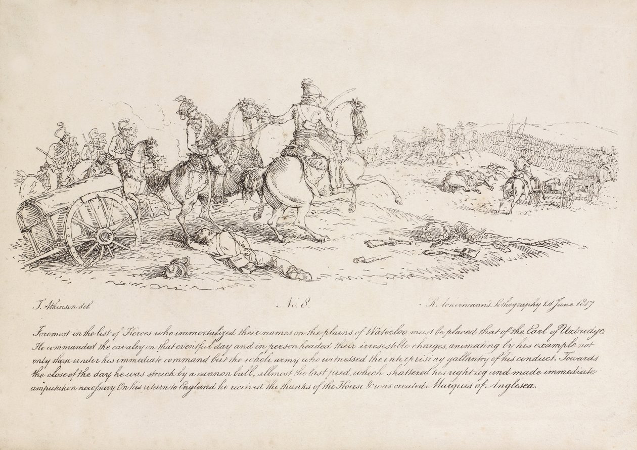 Der Earl of Uxbridge führt einen Kavallerieangriff in der Schlacht von Waterloo an, sein rechtes Bein wurde gerade von einer Kanonenkugel getroffen, Lithographie von R. Ackermann, 1815 von John Augustus Atkinson