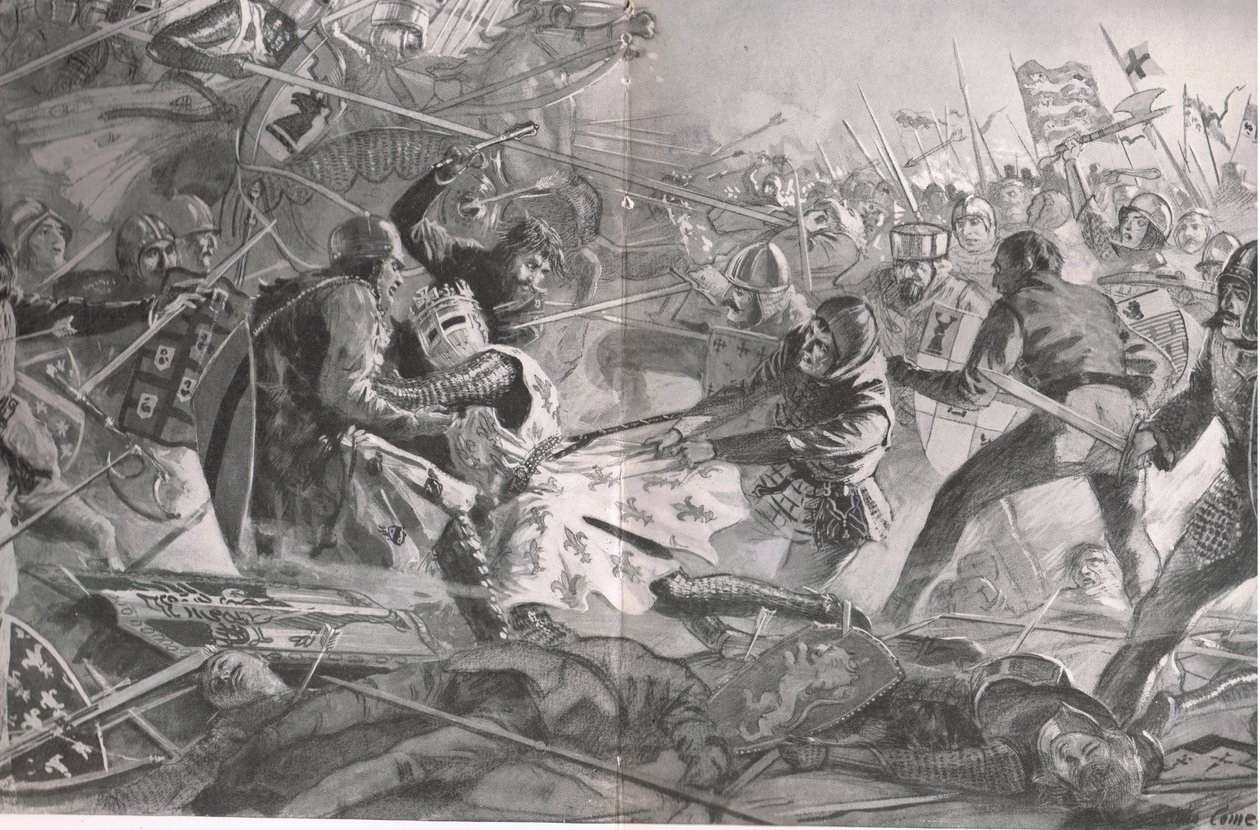 Philip griff immer wieder an, bis er von der englischen Infanterie vom Pferd gezogen wurde, Illustration aus 