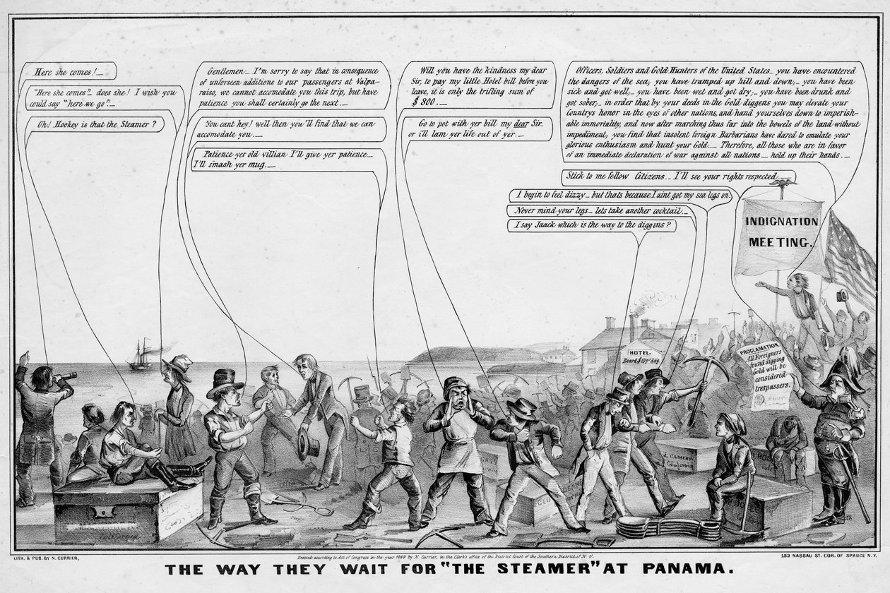 Wie sie auf den Dampfer in Panama warten, veröffentlicht von N Currier, New York, 1849 von John Cameron