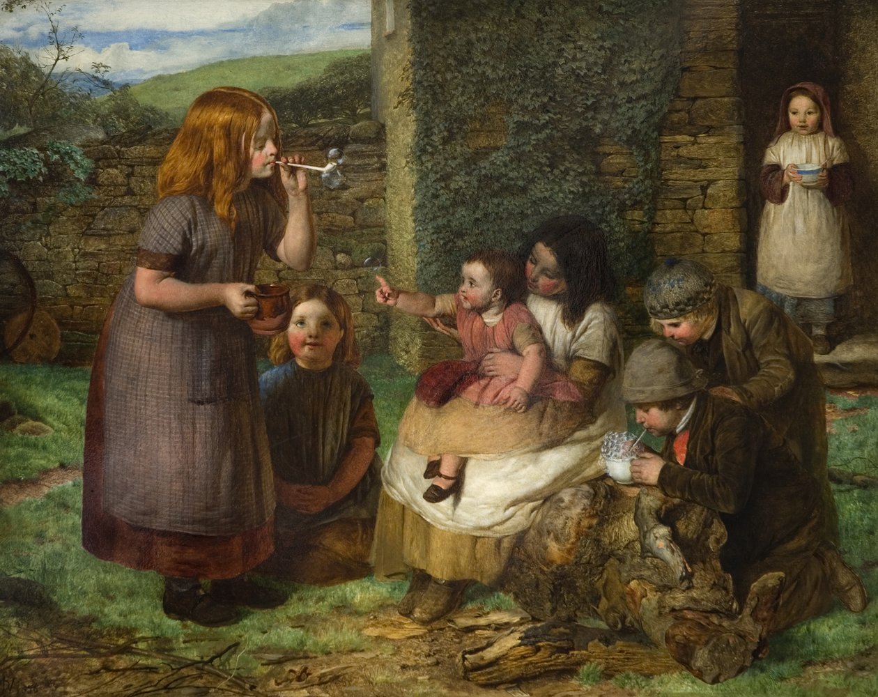 Seifenblasen: Hüttenszene mit spielenden Kindern, 1856 von John Dawson Watson
