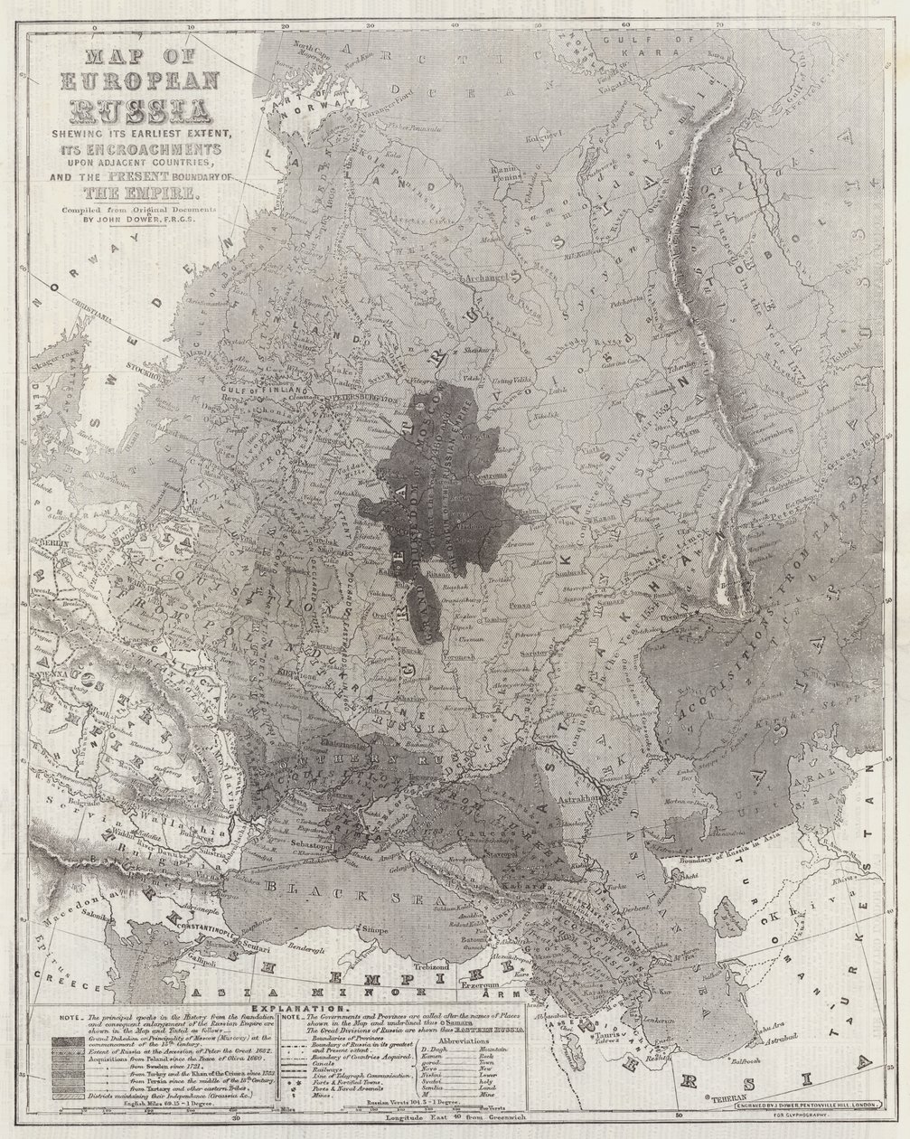 Karte von Europäisch-Russland, die seine früheste Ausdehnung, seine Ausdehnungen auf angrenzende Länder und die heutige Grenze des Reiches zeigt von John Dower