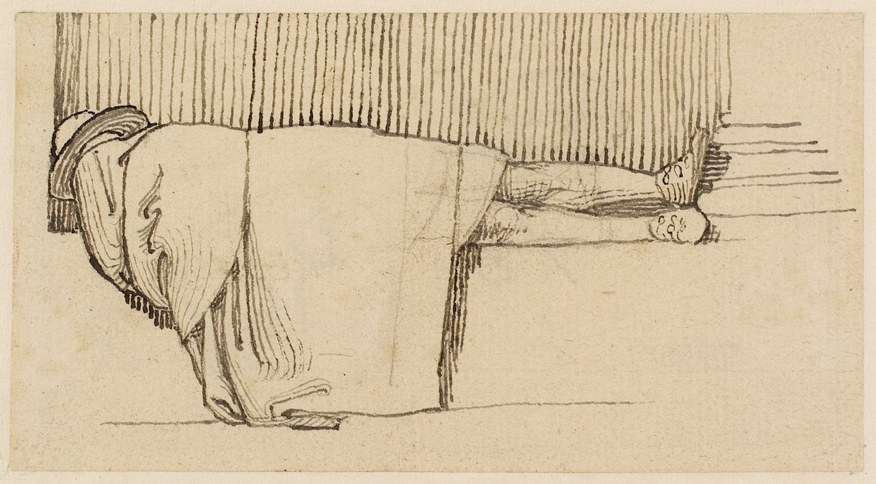 Ein Mann in einem Umhang schläft auf dem Sockel eines Gebäudes von John Flaxman