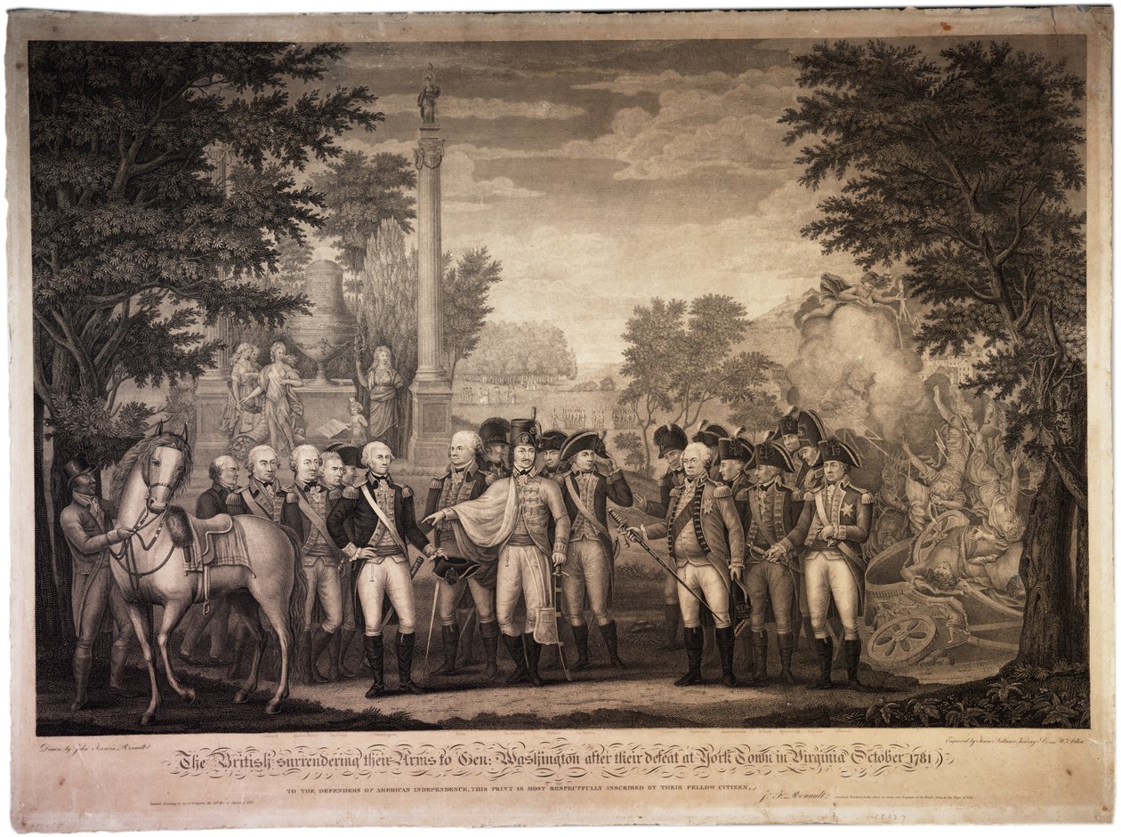 Die Briten übergeben ihre Waffen an General Washington...in York Town [Yorktown], 1819 von John Francis Renault