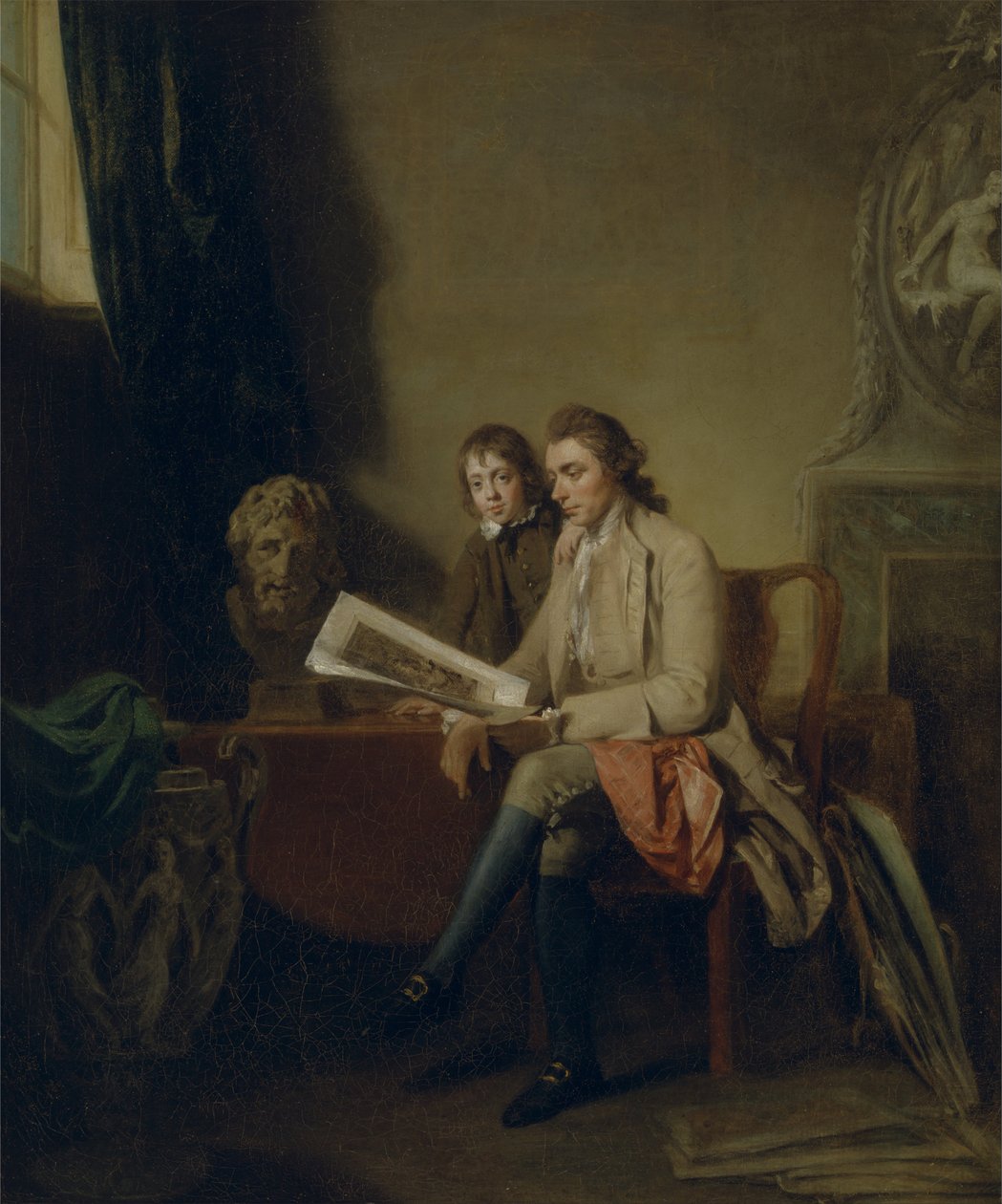 Porträt eines Mannes und eines Jungen, die Drucke betrachten von John Hamilton Mortimer