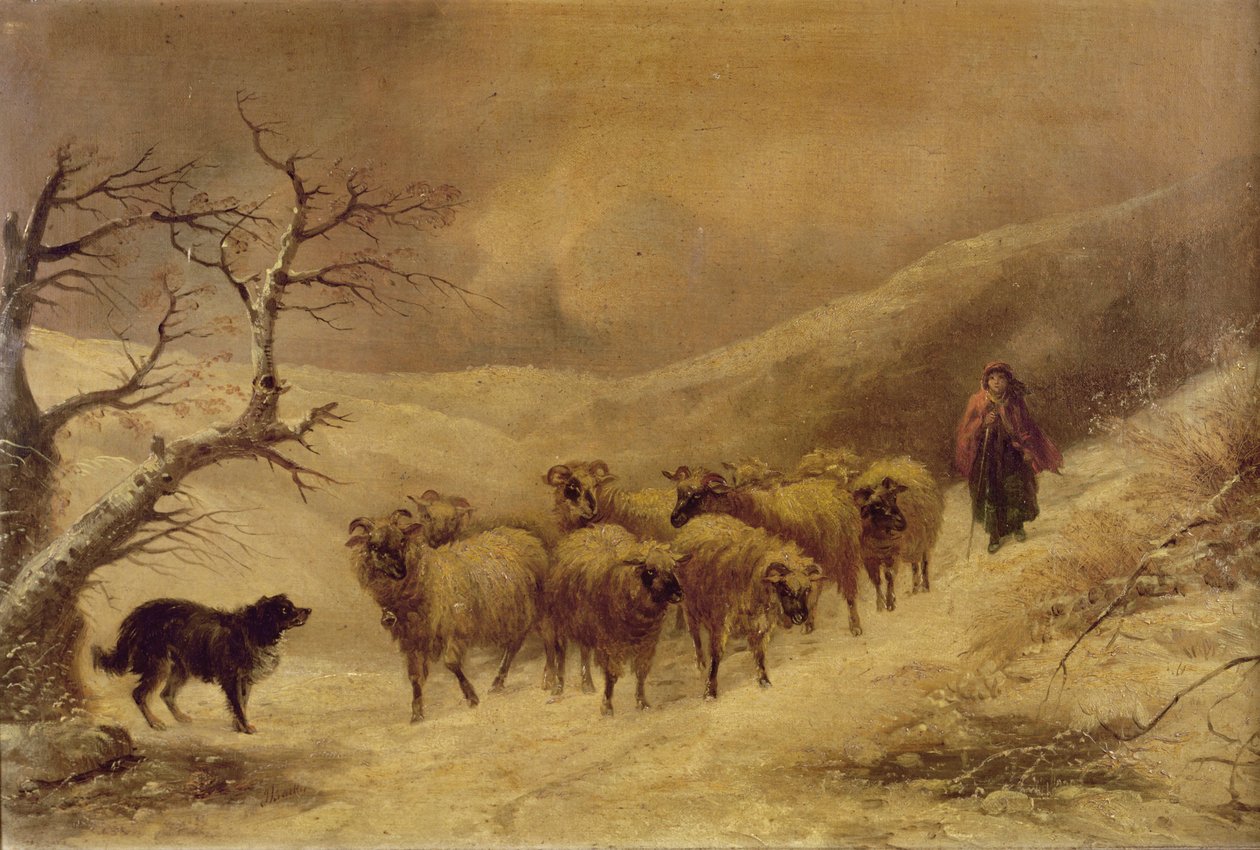Hirtin im Schnee, 1845-1900 von John Joseph Barker