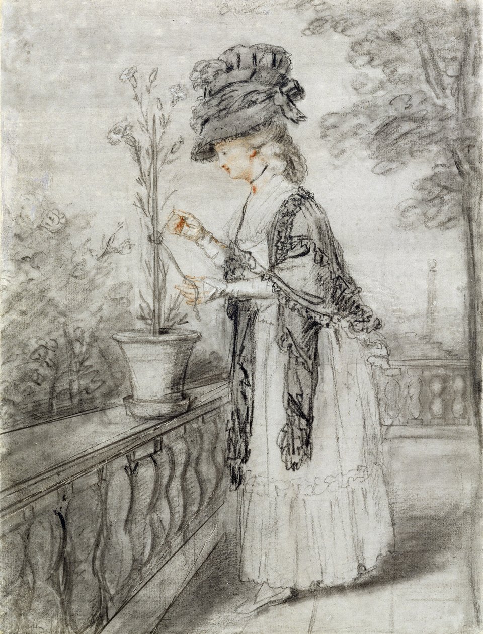 Dame auf einer Terrasse, die eine Nelkenpflanze pflegt von John Raphael Smith