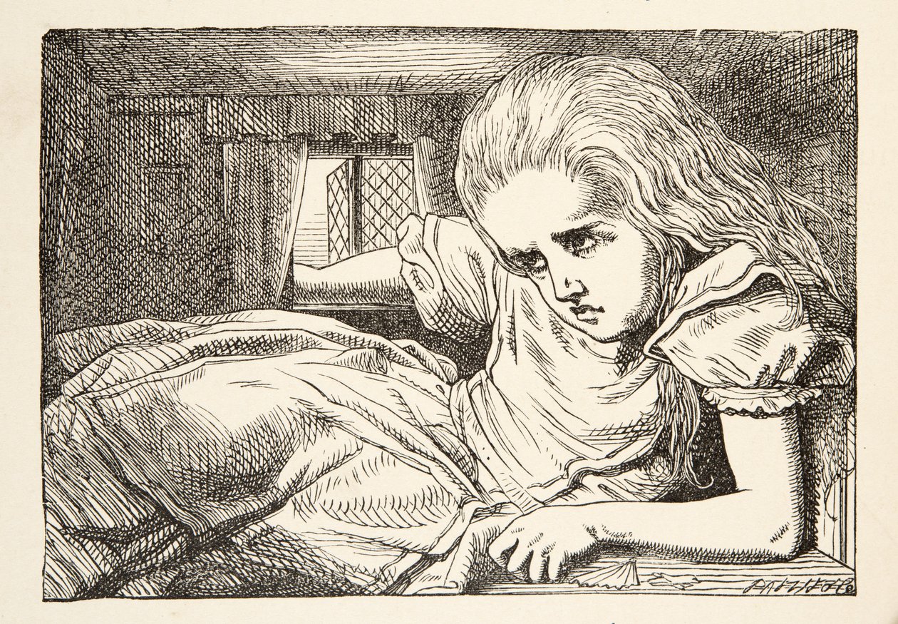 Alice wächst zu groß für den Raum, aus Alice im Wunderland von Lewis Carroll, veröffentlicht 1891 von John Tenniel