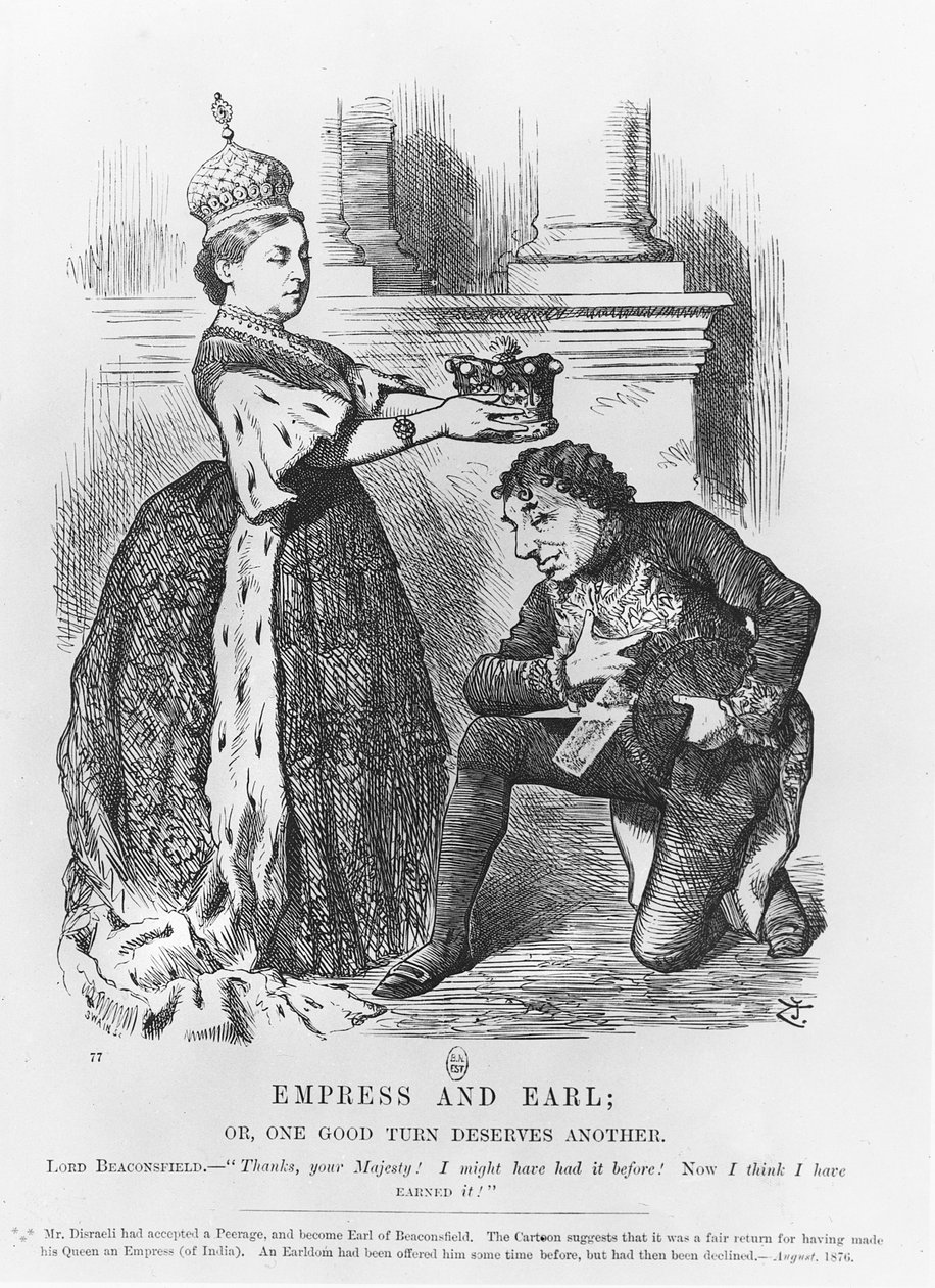 Disraeli von Königin Victoria 1876 in den Adelsstand erhoben von John Tenniel