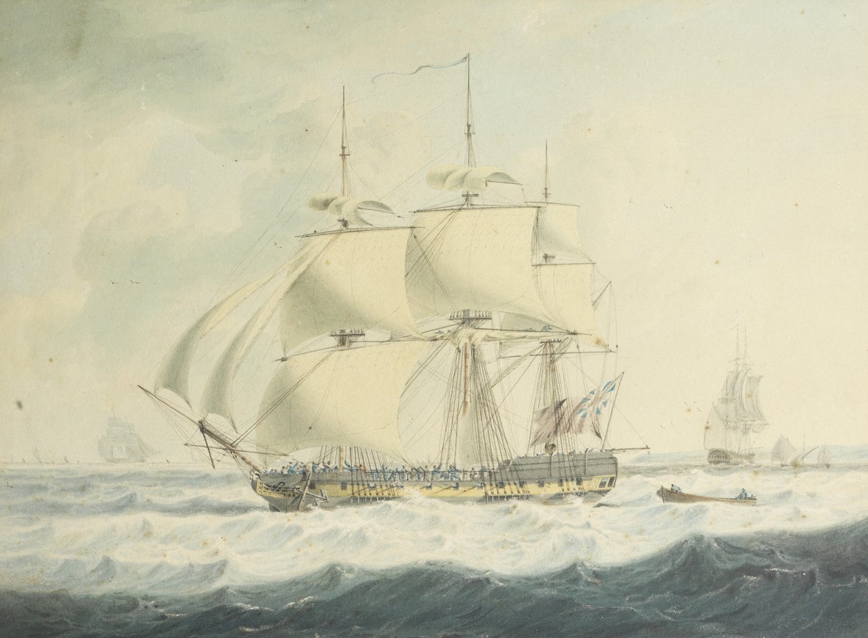 H.M.S. Thisbe segelt den Kanal hinunter bei rauer See, mit anderen Schiffen in der Nähe von John Thomas Serres