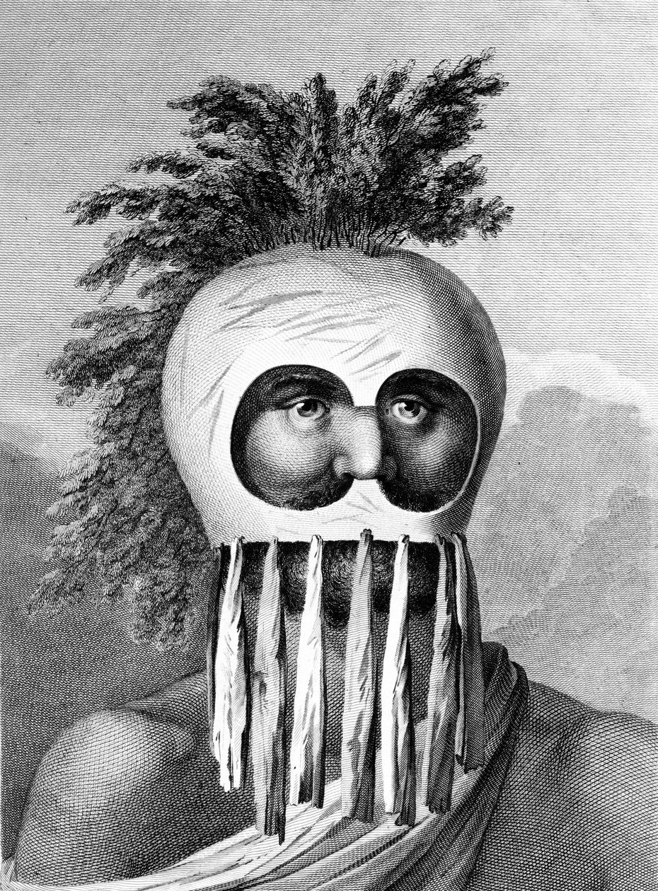 Ein Mann der Sandwichinseln in einer Maske, Illustration aus 