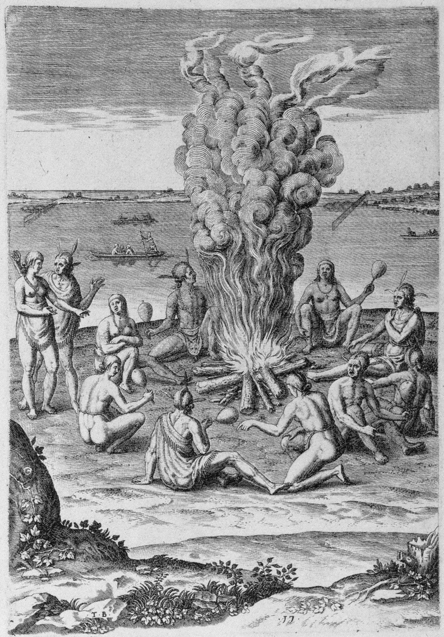 Indianer um ein Feuer von John White