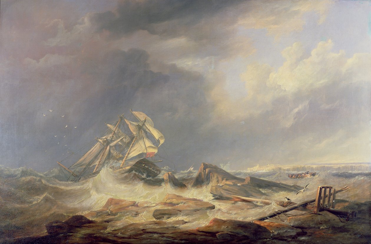 Eine Schoner treibt auf Felsen zu von John Wilson Carmichael