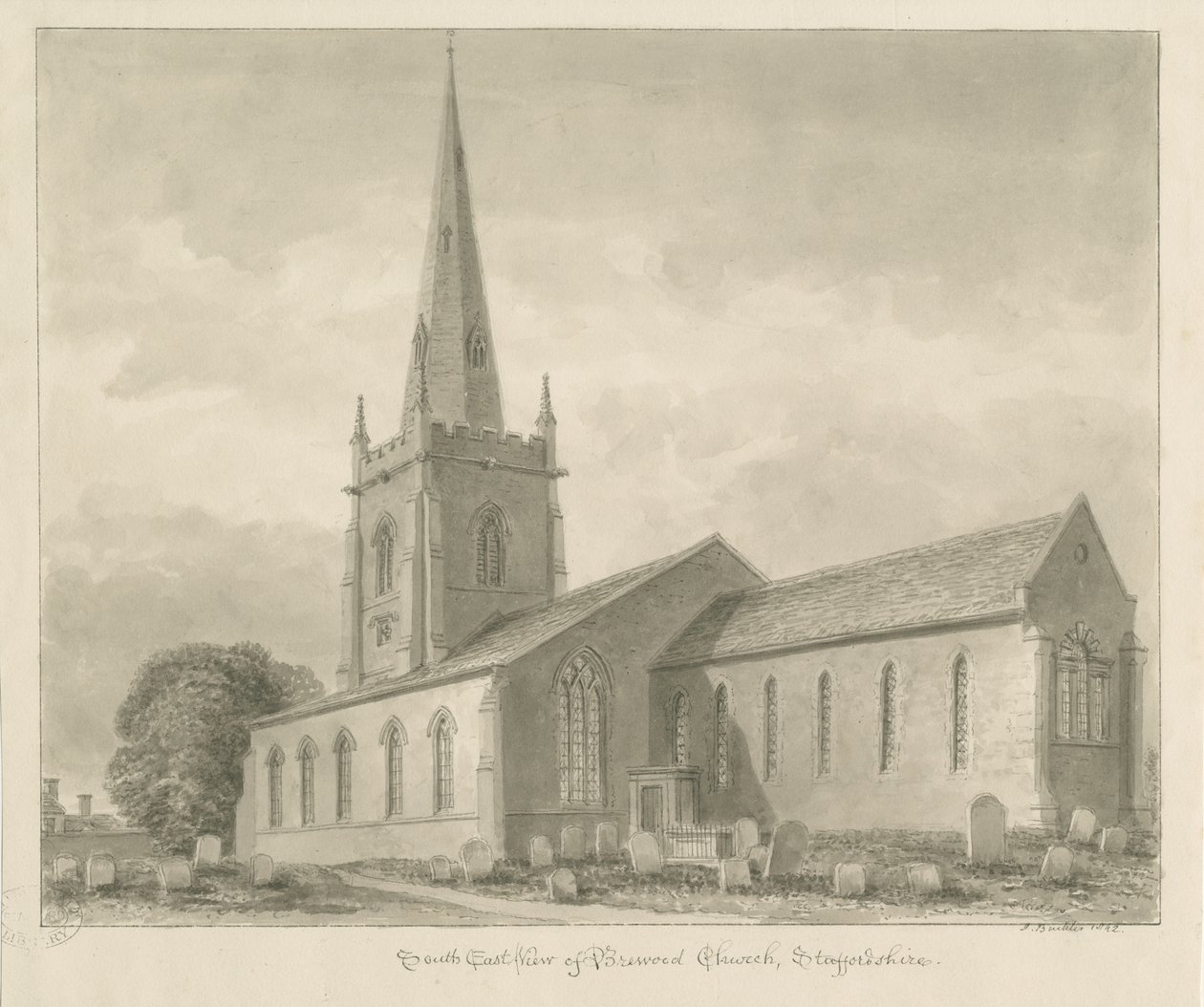 Brewood Kirche: Sepia-Zeichnung von John Buckler