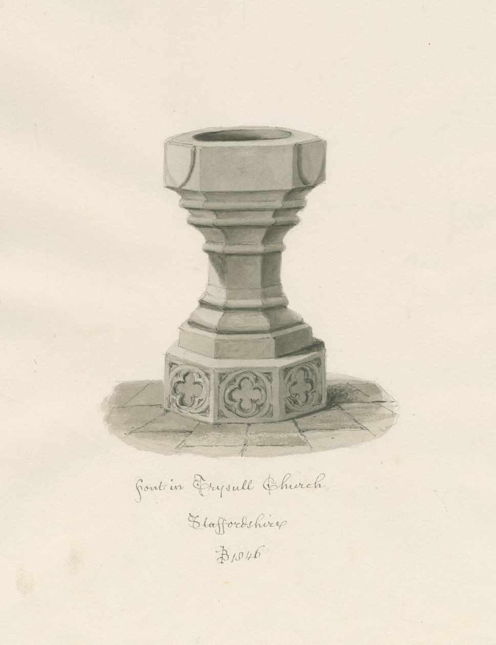 Taufbecken in der Trysull-Kirche: Sepia-Waschzeichnung von John Buckler