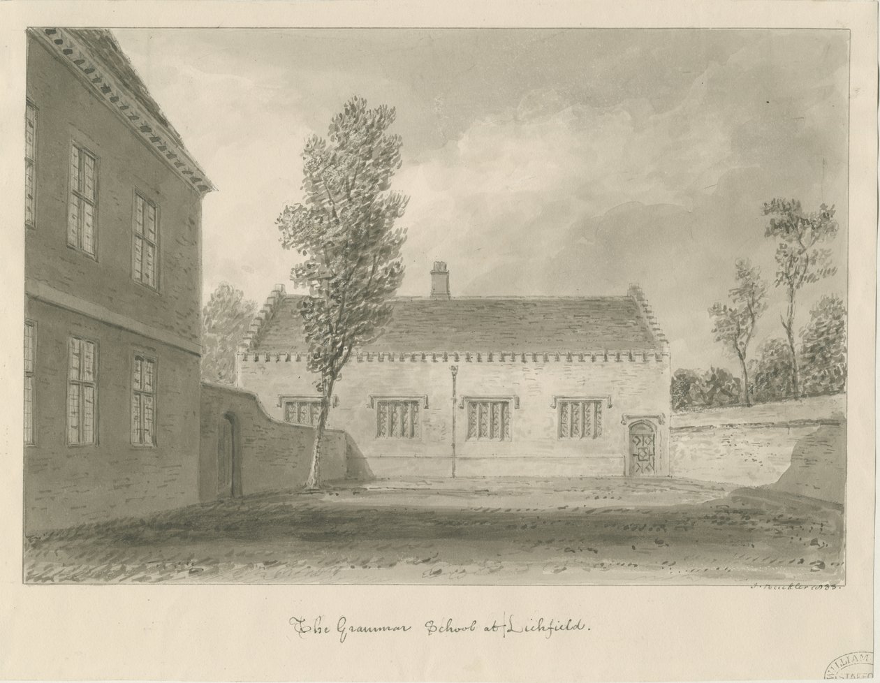 Lichfield - Grammar School: Sepia-Zeichnung von John Buckler
