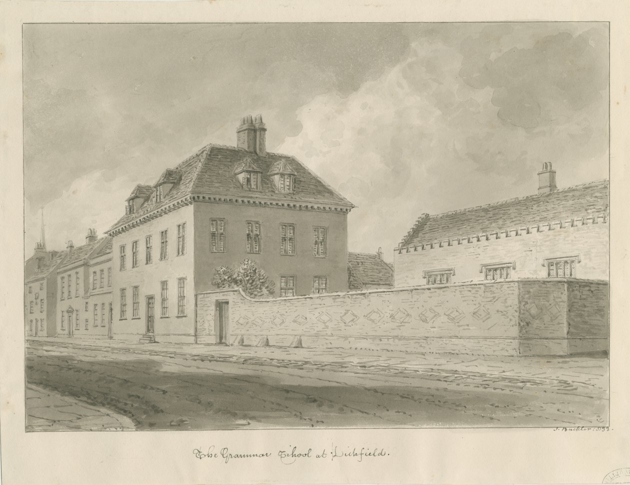 Lichfield - Grammar School (Sepia-Zeichnung) von John Buckler