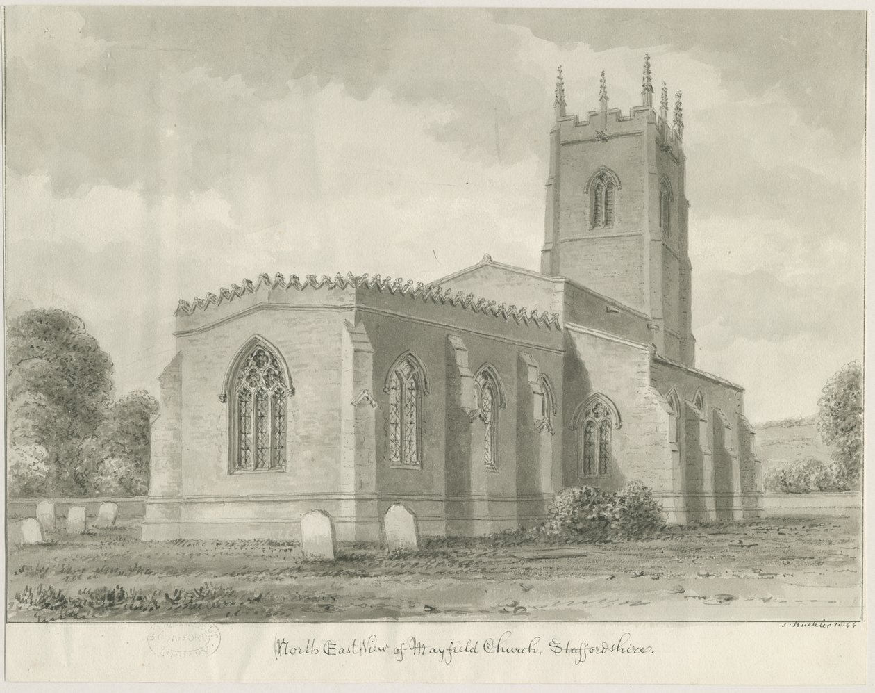 Mayfield Church: Sepiazeichnung, 1844 von John Buckler