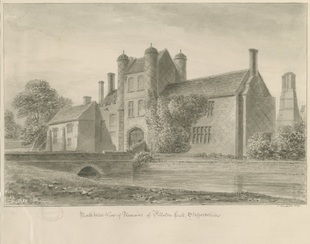 Pillaton Hall: Sepiazeichnung, 1841 von John Buckler